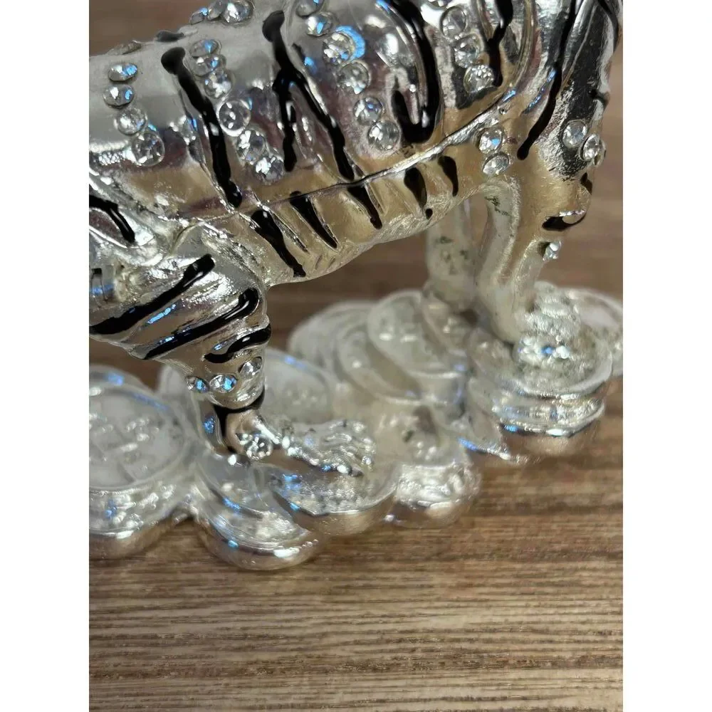 Metal Silver Toned Bejeweled Tiger Trinket Box Crystal‎ Accents Red Eyes